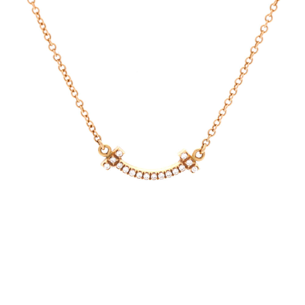 Tiffany & Co. Mini T Smile Pendant Necklace 18K Rose Gold with Diamonds